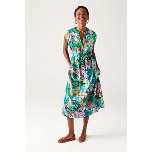Promod Floral Tropical Animal Print Midi Dress w/ Cap Sleeve & Belted